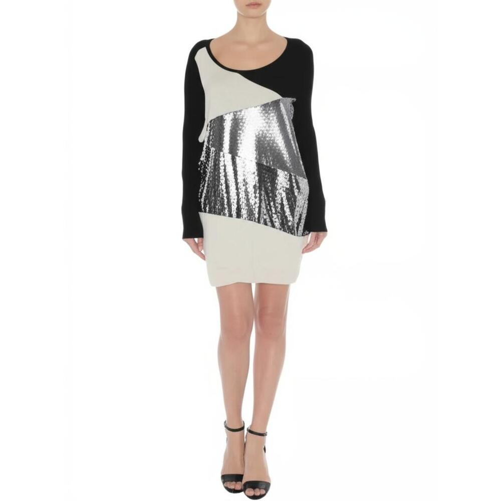 NWT INC Black White Silver Sequin Colorblock Tunic Sweater Top Mini Dress 2X‎